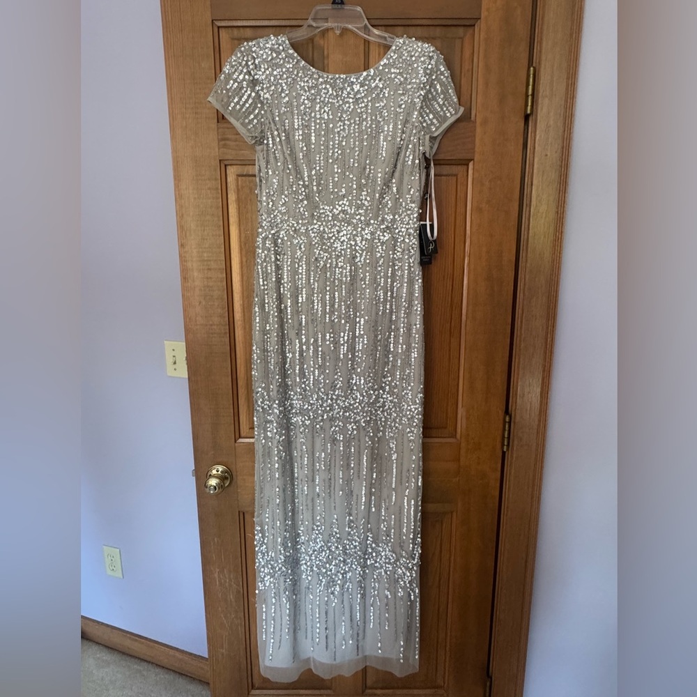 Adrianna Papell Silver Sequin Maxi Dress